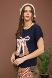 Boot Bow Short Sleeve Knit Sweater (Navy)