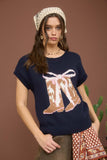 Boot Bow Short Sleeve Knit Sweater (Navy)