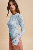 Ditsy Print Pointelle Knit Bell Sleeve Bodysuit (LT Blue)