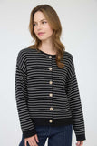 Stripe Button Down Raw Edge Knit Cardigan (Black)