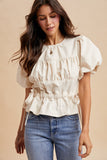 Heavy Cotton Bubble Sleeve Ruching Blouse