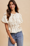 Heavy Cotton Bubble Sleeve Ruching Blouse