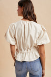 Heavy Cotton Bubble Sleeve Ruching Blouse