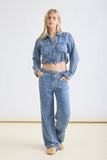 Washed Denim Front Tie Wide Leg Pants