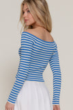 Wide Neck Fitted Stripe Sweater (Blue)
