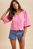 Scallop Half Sleeve Button Blouse (Bubble Gum)