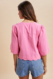 Scallop Half Sleeve Button Blouse (Bubble Gum)