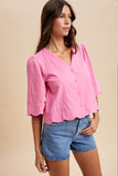 Scallop Half Sleeve Button Blouse (Bubble Gum)