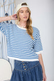 Stripe Contrast Short Sleeve Knit Sweater (Blue)