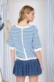 Stripe Contrast Short Sleeve Knit Sweater (Blue)