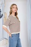 Stripe Contrast Short Sleeve Knit Sweater (Brown)
