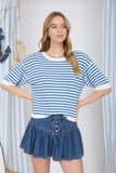 Stripe Contrast Short Sleeve Knit Sweater (Blue)