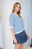 Stripe Contrast Short Sleeve Knit Sweater (Blue)