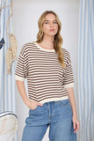 Stripe Contrast Short Sleeve Knit Sweater (Brown)