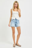 High Rise Mid Length Frayed Hem Shorts