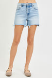 High Rise Mid Length Frayed Hem Shorts