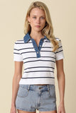 Shyla Striped Contrast Collar Crop Top (White)