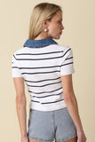 Shyla Striped Contrast Collar Crop Top (White)