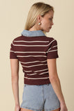 Shyla Striped Contrast Collar Crop Top (Brown)