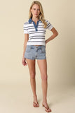 Shyla Striped Contrast Collar Crop Top (White)