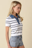 Shyla Striped Contrast Collar Crop Top (White)
