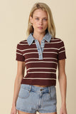 Shyla Striped Contrast Collar Crop Top (Brown)