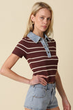 Shyla Striped Contrast Collar Crop Top (Brown)