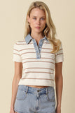 Shyla Striped Contrast Collar Crop Top (Natural)