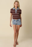 Shyla Striped Contrast Collar Crop Top (Brown)