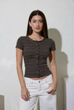Multicolor Stripe Short Sleeve Button Knit Top (Black Multi)