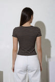 Multicolor Stripe Short Sleeve Button Knit Top (Black Multi)