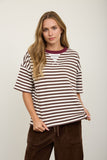 Stripe Colorblock Detail Short Sleeve Knit T-Shirt (Dark Brown Multi)