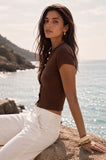 Ribbed Button Front Short Sleeve Top (Brown)