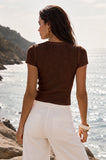 Ribbed Button Front Short Sleeve Top (Brown)