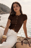 Ribbed Button Front Short Sleeve Top (Brown)