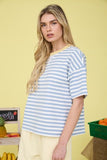 Stripe Colorblock Detail Short Sleeve Knit T-Shirt (Dusty Blue Multi)