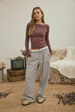 Boat Neck Long Sleeve Ribbed Knit Top (Maroon)