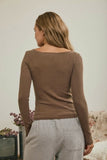 Boat Neck Long Sleeve Ribbed Knit Top (Brown)