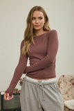 Boat Neck Long Sleeve Ribbed Knit Top (Maroon)