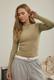 Boat Neck Long Sleeve Ribbed Knit Top (Light Olive)