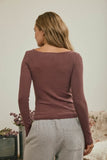 Boat Neck Long Sleeve Ribbed Knit Top (Maroon)