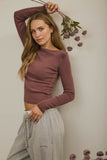 Boat Neck Long Sleeve Ribbed Knit Top (Maroon)