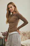 Boat Neck Long Sleeve Ribbed Knit Top (Brown)