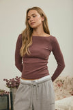 Boat Neck Long Sleeve Ribbed Knit Top (Maroon)