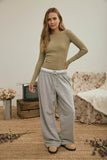 Boat Neck Long Sleeve Ribbed Knit Top (Light Olive)