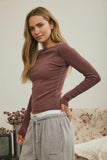 Boat Neck Long Sleeve Ribbed Knit Top (Maroon)