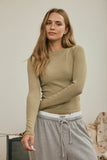Boat Neck Long Sleeve Ribbed Knit Top (Light Olive)