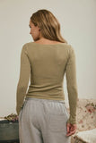 Boat Neck Long Sleeve Ribbed Knit Top (Light Olive)