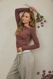 Boat Neck Long Sleeve Ribbed Knit Top (Maroon)