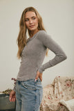 Washed Long Sleeve Ribbed Henley Knit Top (Charcoal)